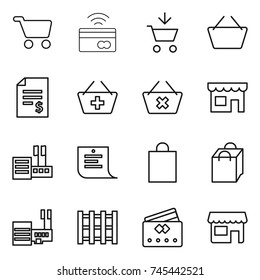 thin line icon set : cart, tap to pay, add, basket, account balance, delete, shop, store, shopping list, bag, mall, pallet, credit card