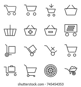 thin line icon set : cart, add to, basket, remove from, delivery, cargo stroller, trolley, do not sign, baggage, wheel, wheelbarrow