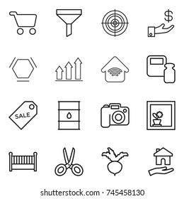 thin line icon set : cart, funnel, target, investment, hex molecule, graph up, wireless home, scales weight, sale label, barrel, camera, flower in window, crib, scissors, beet, housing