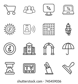 thin line icon set : cart, group, monitor arrow, notebook, sun power, pass card, cpu, spark plug, info, building, arch, dry cargo, sand clock, tv, stands for knives, scraper