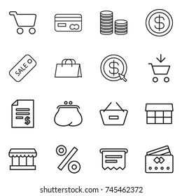 thin line icon set : cart, card, coin stack, dollar, sale, shopping bag, arrow, add to, account balance, purse, remove from basket, market, percent, atm receipt, credit