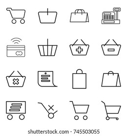 thin line icon set : cart, basket, shopping bag, cashbox, tap to pay, add, remove from, delete, list, delivery, do not trolley sign