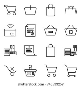 thin line icon set : cart, basket, shopping bag, tap to pay, account balance, remove from, delete, store, list, mall, do not trolley sign