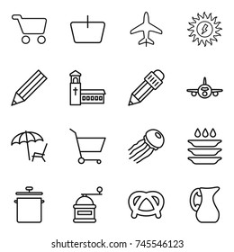 thin line icon set : cart, basket, plane, sun power, pencil, church, lounger, jellyfish, plate washing, pan, hand mill, pretzel, jug