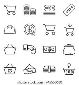 thin line icon set : cart, coin stack, money, sale, shopping bag, dollar arrow, add to, basket, hand, purse, delete