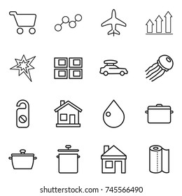 thin line icon set : cart, graph, plane, up, bang, panel house, car baggage, jellyfish, do not distrub, home, drop, pan, paper towel