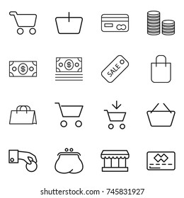 thin line icon set : cart, basket, card, coin stack, money, sale, shopping bag, add to, hand, purse, market, credit
