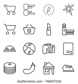 thin line icon set : cart, diagram, lightning, bang, delete, lipstick, church, dome house, earth, camera, kitchen scales, pancakes, eggplant, iron