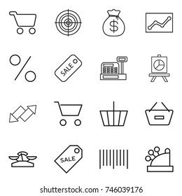 thin line icon set : cart, target, money bag, statistics, percent, sale, cashbox, presentation, up down arrow, basket, remove from, scales, label, bar code