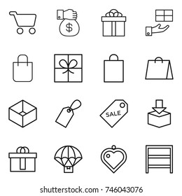 thin line icon set : cart, money gift, shopping bag, box, label, sale, package, hi quality, parachute delivery, heart pendant, rack