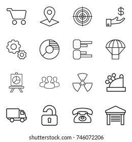 thin line icon set : cart, pointer, target, investment, gear, circle diagram, parachute, presentation, group, nuclear, cashbox, delivery, unlocked, phone, garage