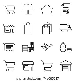 thin line icon set : cart, billboard, basket, account balance, shop, shopping bag, delivery, atm receipt, mall, plane, port, garage