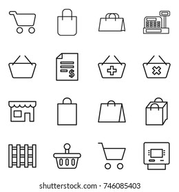 thin line icon set : cart, shopping bag, cashbox, basket, account balance, add to, delete, shop, pallet, atm