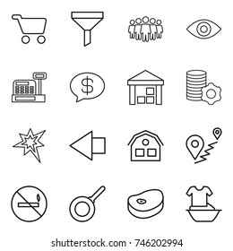 thin line icon set : cart, funnel, team, eye, cashbox, money message, warehouse, virtual mining, bang, left arrow, house, route, no smoking, pan, steake, handle washing