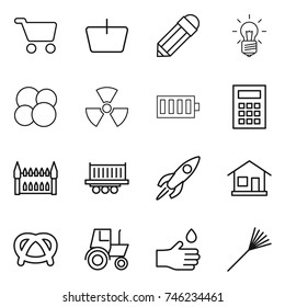 thin line icon set : cart, basket, pencil, bulb, atom core, nuclear, battery, calculator, gothic architecture, truck shipping, rocket, home, pretzel, tractor, hand drop, rake