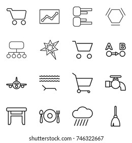 thin line icon set : cart, statistics, diagram, hex molecule, structure, bang, route a to b, plane, lounger, water tap, stool, fork spoon plate, rain cloud, broom