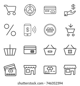 thin line icon set : cart, target audience, card, investment, percent, phone pay, crypto currency, add to, basket, credit, remove from, delete, shop