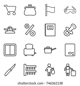 thin line icon set : cart, purse, flag, smart glasses, scales, percent, copybook, nipple, power switch, toaster, saute pan, kitchen, knife, watering, trash, garbage bin