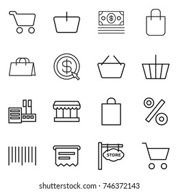 thin line icon set : cart, basket, money, shopping bag, dollar arrow, store, market, percent, bar code, atm receipt, signboard