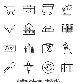 thin line icon set : cart, calendar, delivery, table lamp, diamond, cottage, hangare, palace, check in, hotel, camera, knife holder, chef, scarecrow, ecology, clean window