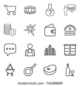 thin line icon set : cart, team, round flask, presentation, virtual mining, bang, wallet, house, sms, workman, hotel, chest of drawers, bbq, pan, steake, wine