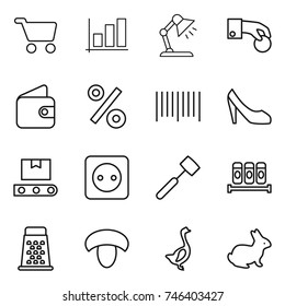 thin line icon set : cart, graph, table lamp, hand coin, wallet, percent, bar code, shoes, transporter tape, power socket, meat hammer, spices, grater, mushroom, goose, rabbit