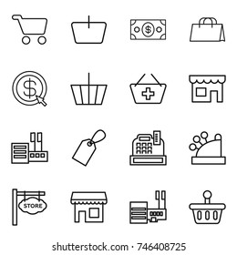 thin line icon set : cart, basket, money, shopping bag, dollar arrow, add to, shop, store, label, cashbox, signboard, mall