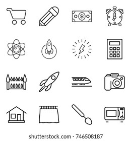 thin line icon set : cart, pencil, money, alarm clock, atom, rocket, lightning, calculator, gothic architecture, train, camera, home, curtain, big spoon, microwave oven