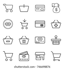 thin line icon set : cart, basket, card, money gift, crypto currency, add to, credit, remove from, delete, shop