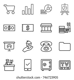 thin line icon set : cart, graph, diagram, presentation, money, receipt, market, mall, real estate, phone, documents, inspector, mobile checking, safe, tv