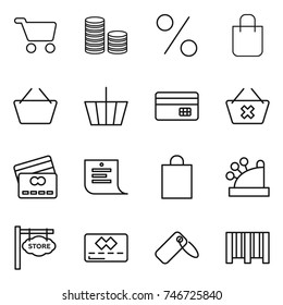 thin line icon set : cart, coin stack, percent, shopping bag, basket, credit card, delete, list, cashbox, store signboard, label, bar code