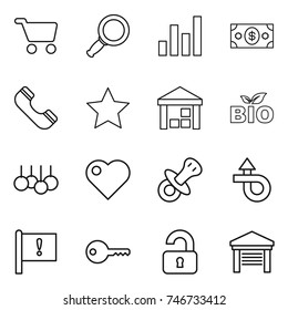 thin line icon set : cart, magnifier, graph, money, phone, star, warehouse, bio, sale, heart, nipple, trip, important flag, key, unlocked, garage