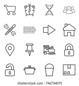 thin line icon set : cart, alarm clock, dna, group, pencil wrench, battery, right arrow, home, geo pin, train, locked, unlocked, pan, bucket, package