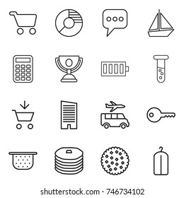 thin line icon set : cart, circle diagram, message, boat, calculator, trophy, battery, vial, add to, skyscraper, transfer, key, colander, pancakes, cookies, dry wash