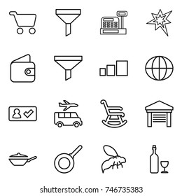 thin line icon set : cart, funnel, cashbox, bang, wallet, sorting, globe, check in, transfer, rocking chair, garage, pan, wasp, wine