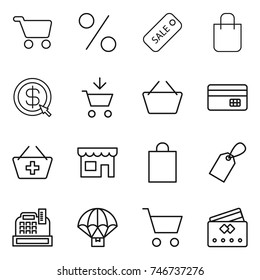 thin line icon set : cart, percent, sale, shopping bag, dollar arrow, add to, basket, credit card, shop, label, cashbox, parachute delivery