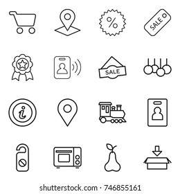 thin line icon set : cart, pointer, percent, sale, medal, pass card, info, geo pin, train, identity, do not distrub, grill oven, pear, package