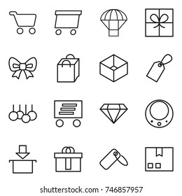 thin line icon set : cart, delivery, parachute, gift, bow, shopping bag, box, label, sale, diamond, necklace, package, hi quality