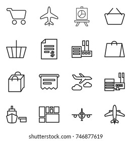 thin line icon set : cart, plane, presentation, basket, account balance, store, shopping bag, atm receipt, journey, mall, port, consolidated cargo, airplane