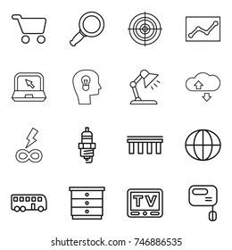 thin line icon set : cart, magnifier, target, statistics, notebook, bulb head, table lamp, cloude service, infinity power, spark plug, bridge, globe, bus, chest of drawers, tv, mixer