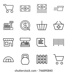 thin line icon set : cart, money, delivery, cashbox, dollar arrow, basket, add to, shop, market scales, shopping list, bar code, hangare, heavy, pallet