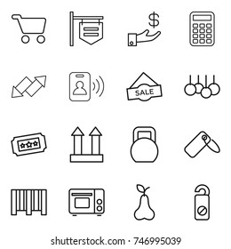 thin line icon set : cart, shop signboard, investment, calculator, up down arrow, pass card, sale, ticket, cargo top sign, heavy, label, bar code, grill oven, pear, do not distrub