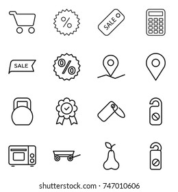 thin line icon set : cart, percent, sale, calculator, geo pin, heavy, medal, label, do not distrub, grill oven, trailer, pear