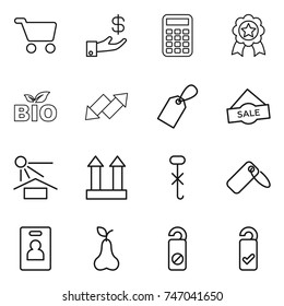 thin line icon set : cart, investment, calculator, medal, bio, up down arrow, label, sale, sun potection, cargo top sign, do not hook, identity card, pear, distrub, please clean