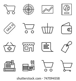thin line icon set : cart, target, statistics, annual report, sale, basket, wallet, add to, shop, shopping list, label, cashbox, mall