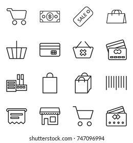 thin line icon set : cart, money, sale, shopping bag, basket, credit card, delete, store, bar code, atm receipt, shop