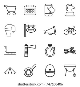 thin line icon set : cart, calendar, touch, chess horse, virtual mask, store signboard, loudspeaker, bike, ruler, lighthouse, stopwatch, motorcycle, tent, pan, egg timer, bbq