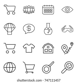 thin line icon set : cart, team, calendar, eye, parachute, money message, round flask, smart glasses, t shirt, house, route, globe, pan, viruses