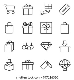 thin line icon set : cart, gift, sale, shopping bag, diamond, package, hi quality, label, parachute delivery