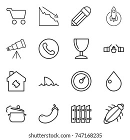 thin line icon set : cart, crisis, pencil, rocket, telescope, phone, wineglass, drawbridge, smart house, shark flipper, barometer, drop, steam pan, eggplant, fence, bug